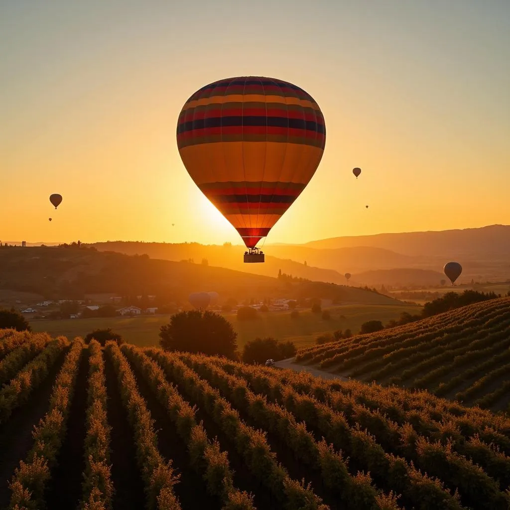 Hot air balloon ride over Provence vineyards at sunset