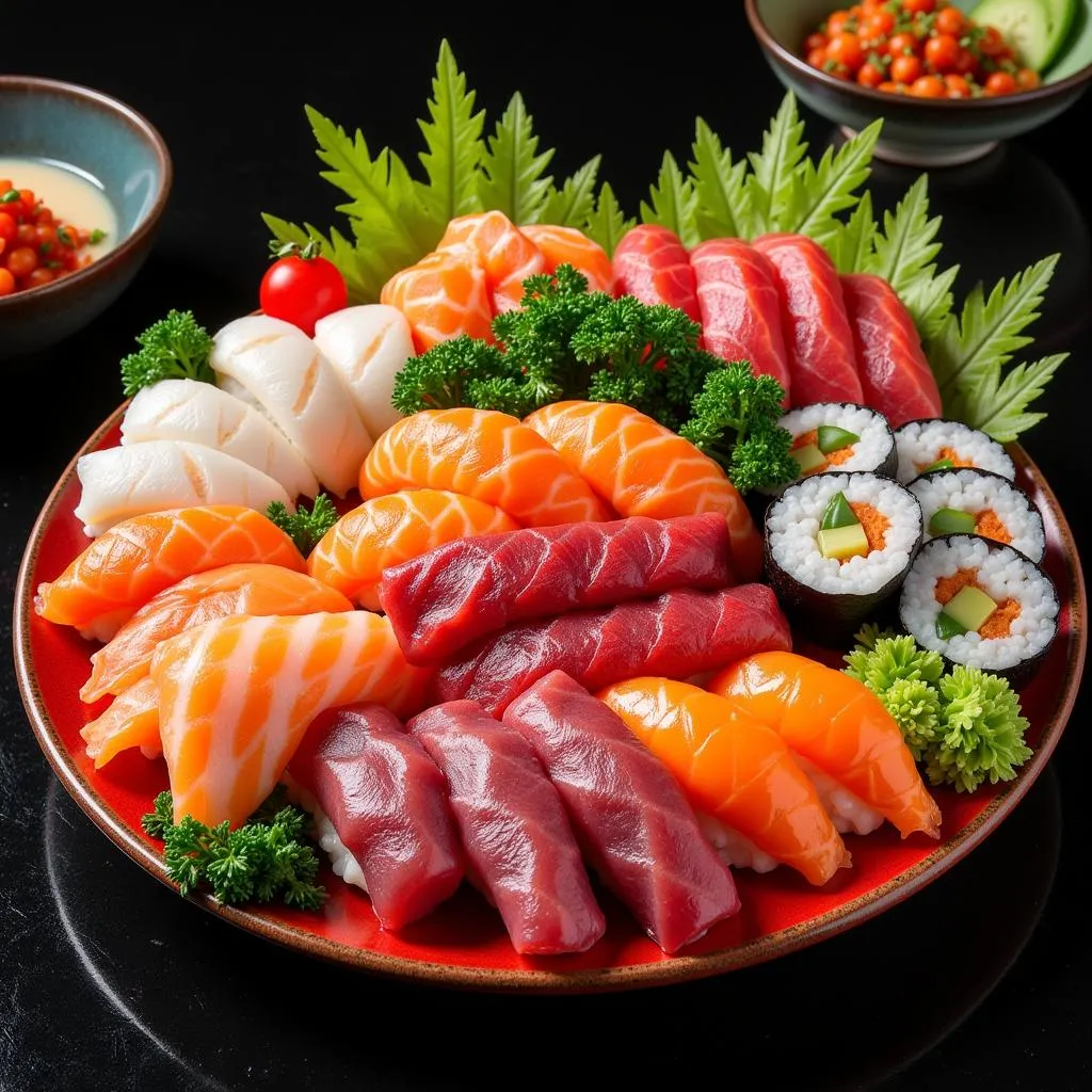 Assortment of sushi and sashimi on a platter