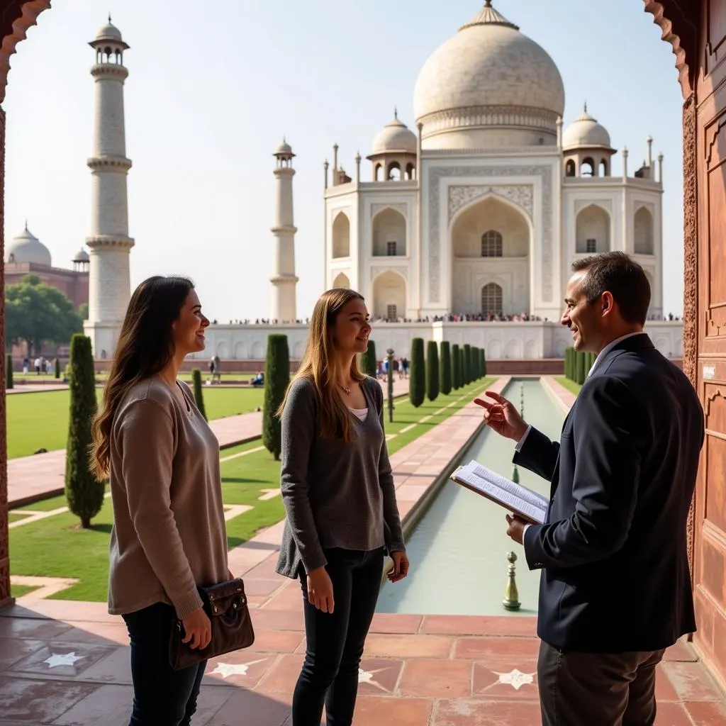 Private guide explaining the history of the Taj Mahal