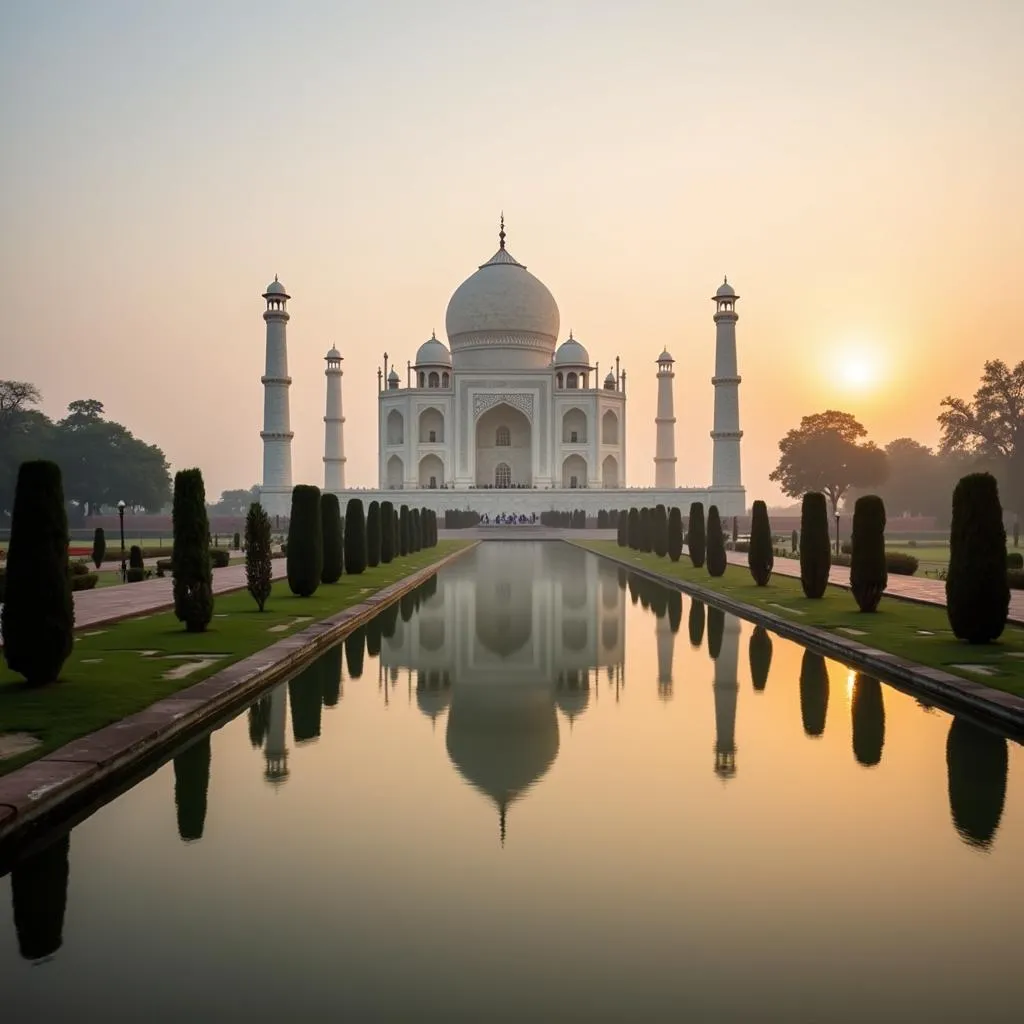 Taj Mahal at sunrise with reflection in the Yamuna River