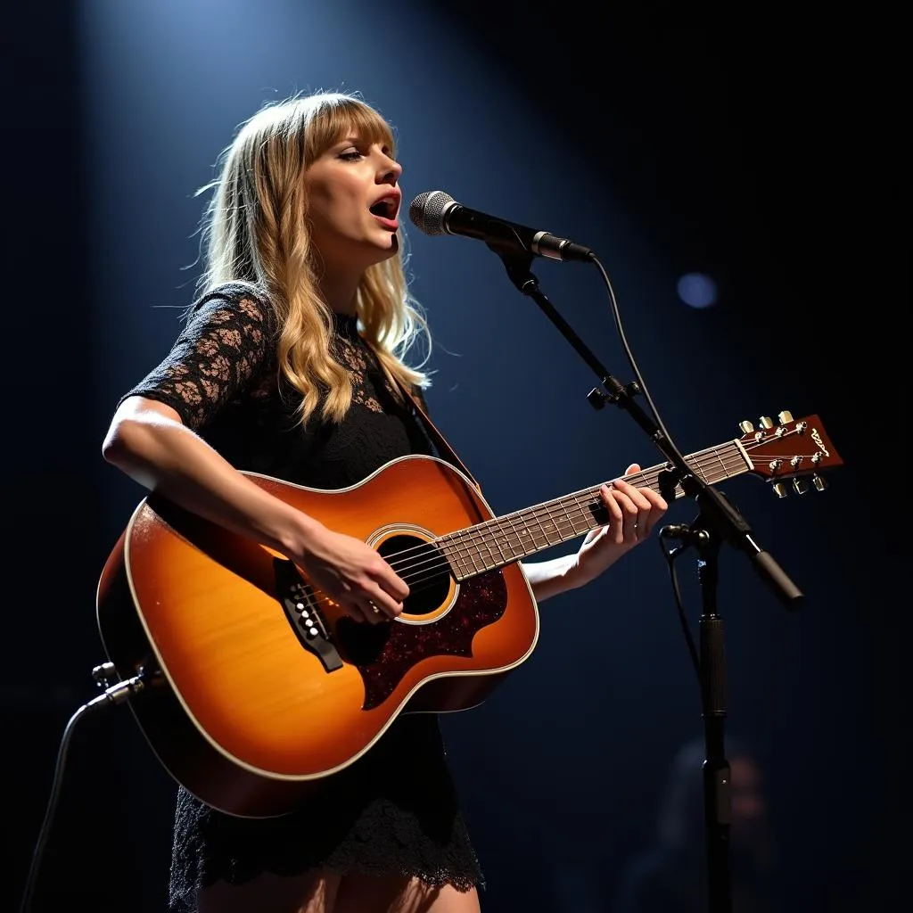 Taylor Swift playing acoustic guitar on stage