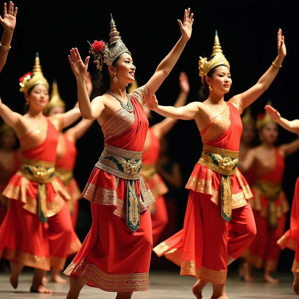 Performers in ornate costumes during a Thai traditional dance show