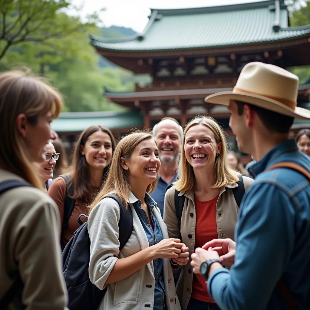 Group photo of smiling tourists with a tour guide in front of a temple in Japan