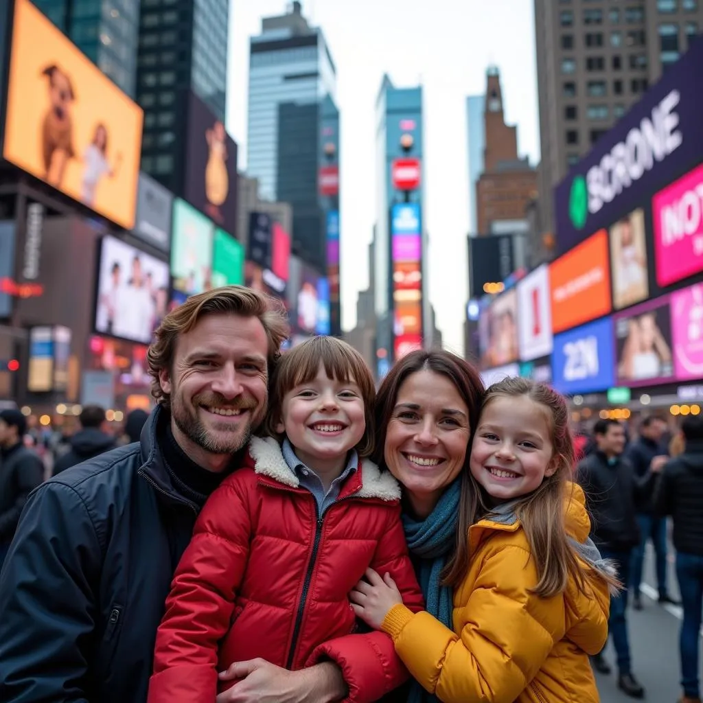 Family posing for a photo in the heart of Times Square