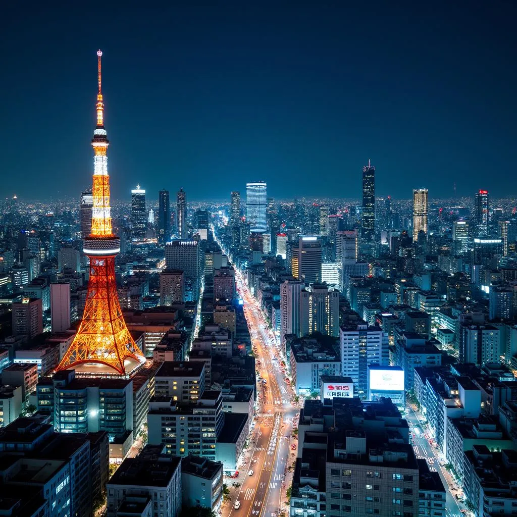 Vibrant cityscape of Tokyo illuminated at night