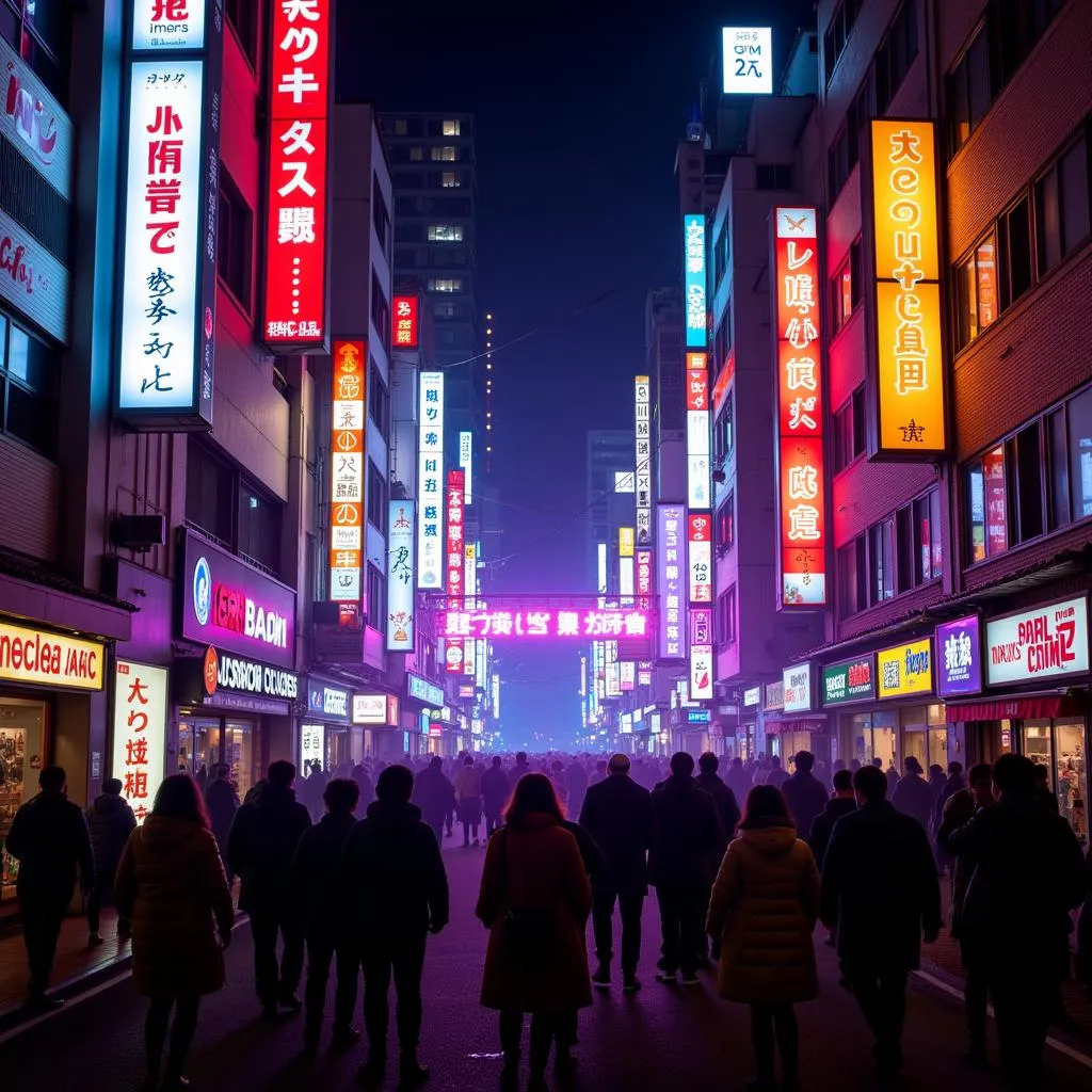 Tokyo nightclubs illuminated with vibrant neon lights