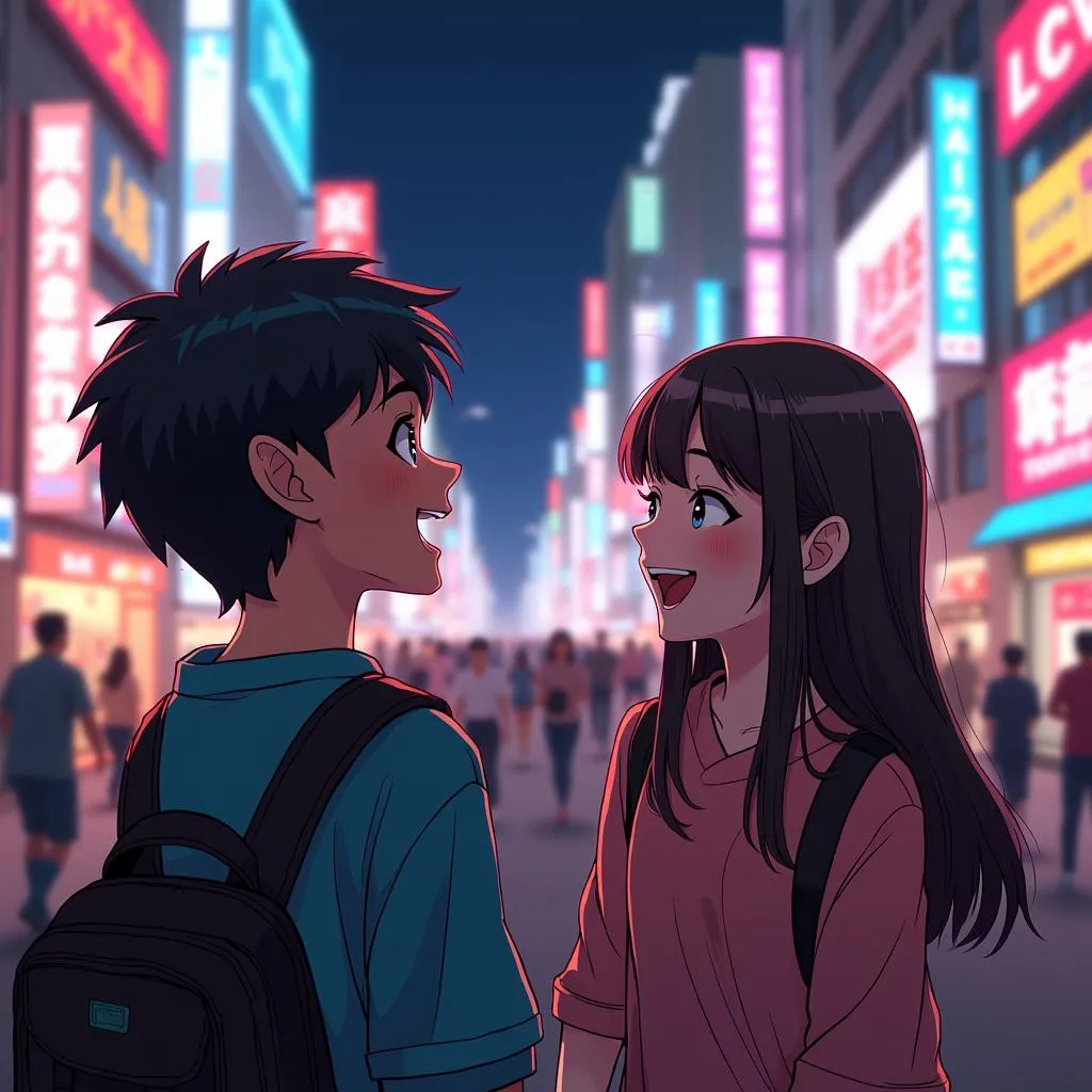 Two best friends laughing amidst the neon lights of Tokyo at night