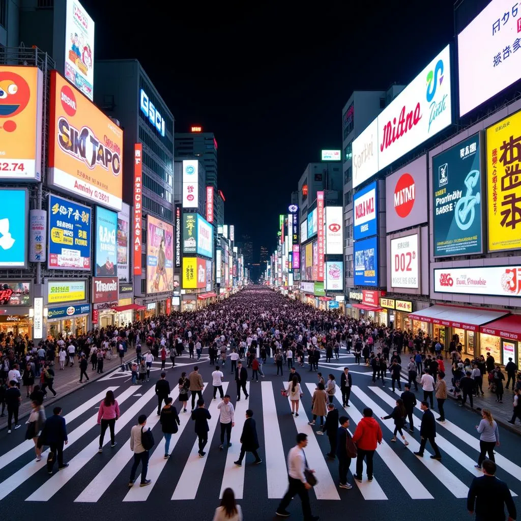 Crowds crossing the famous Shibuya Crossing in Tokyo at night