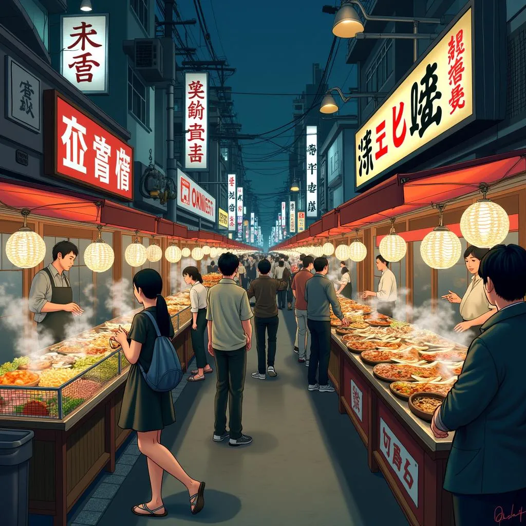 Vibrant Tokyo Street Food Market at Night