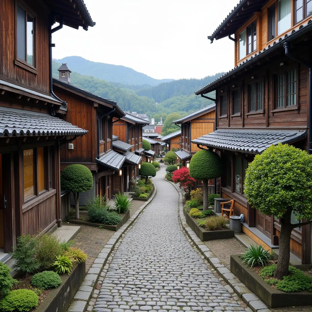 A quaint Japanese village with traditional houses