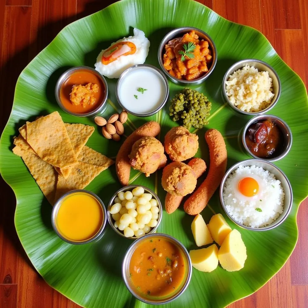 A vibrant spread of Kerala Sadhya feast served on a banana leaf