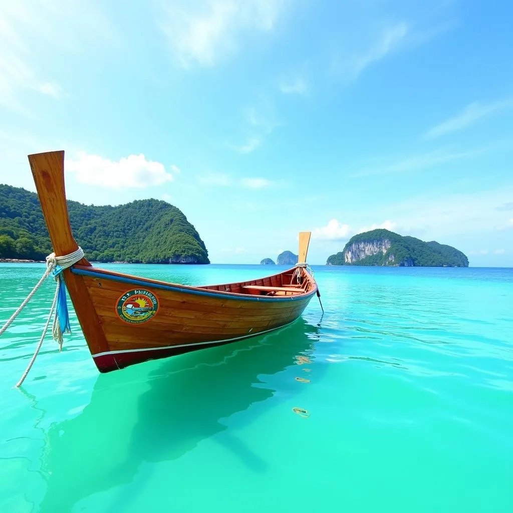 A traditional Philippine boat called a &quot;bangka&quot; glides across crystal-clear turquoise water.