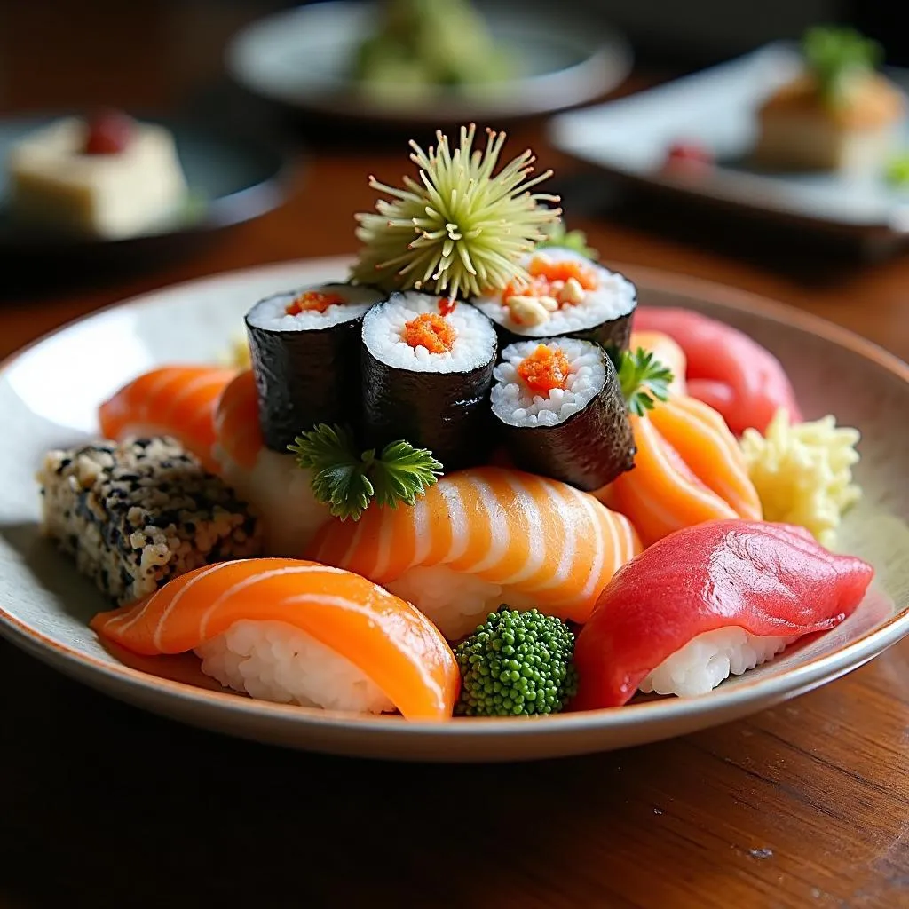 A selection of colorful and diverse sushi rolls arranged beautifully on a plate in Japan