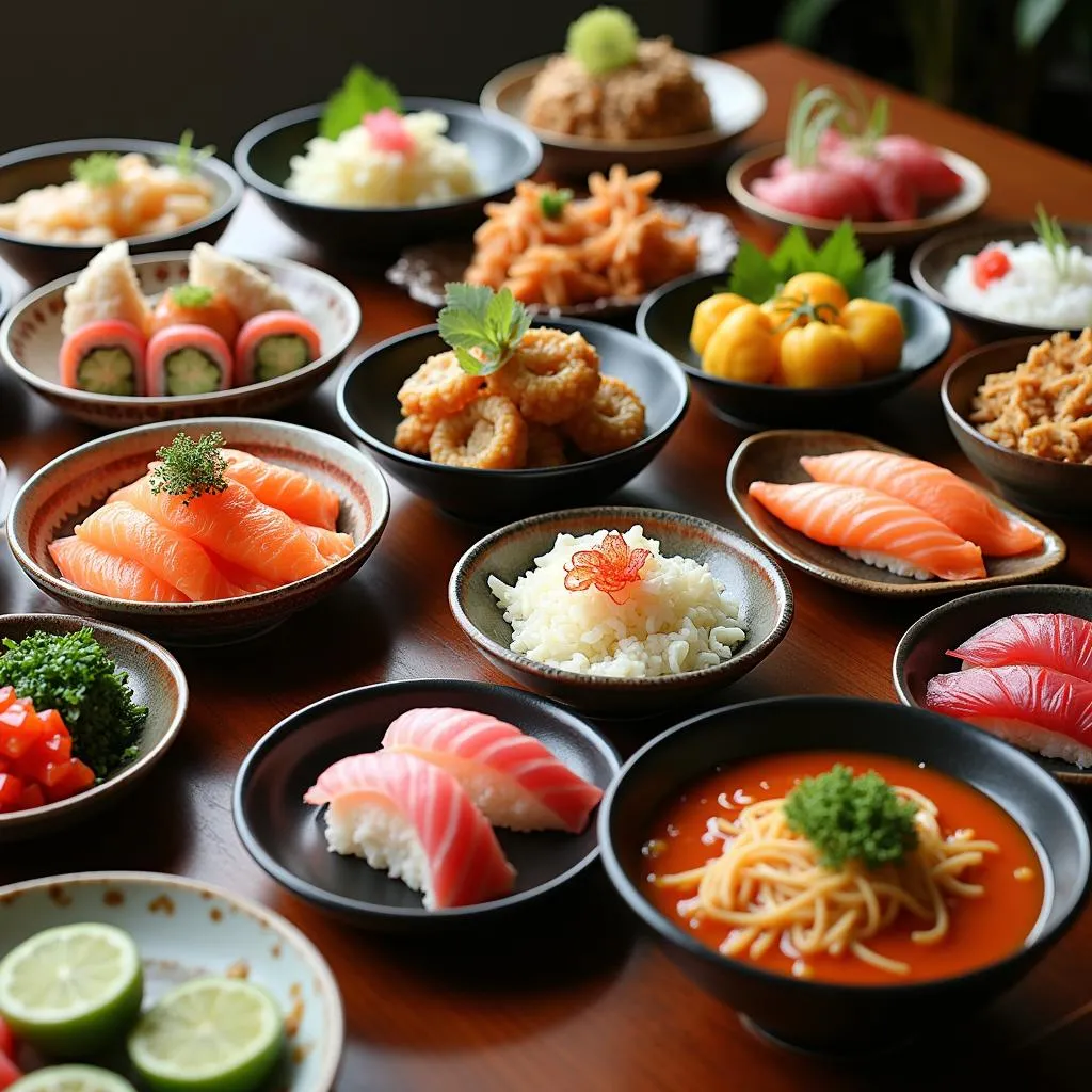 Assortment of colorful Japanese cuisine