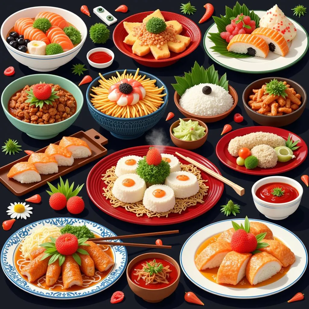 Assortment of Colorful Japanese Dishes