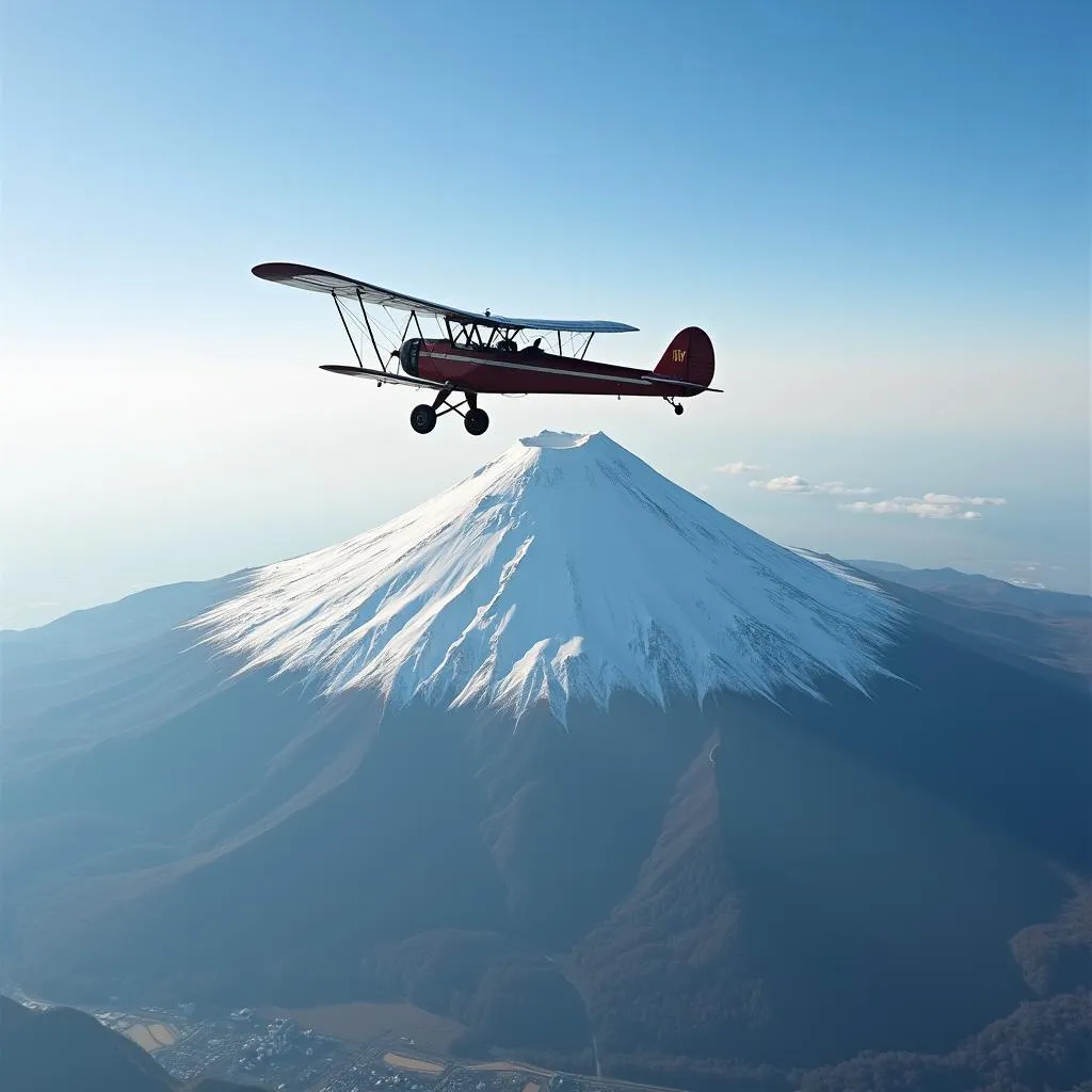 Biplane flying over Mount Fuji