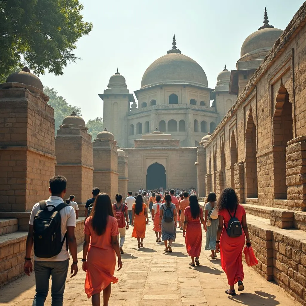 A group of tourists exploring a historical site in Vizag