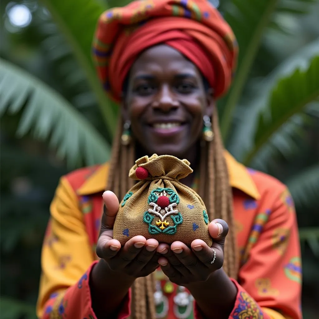 A voodoo lady in traditional attire, holding a colorful gris-gris bag in her hands.