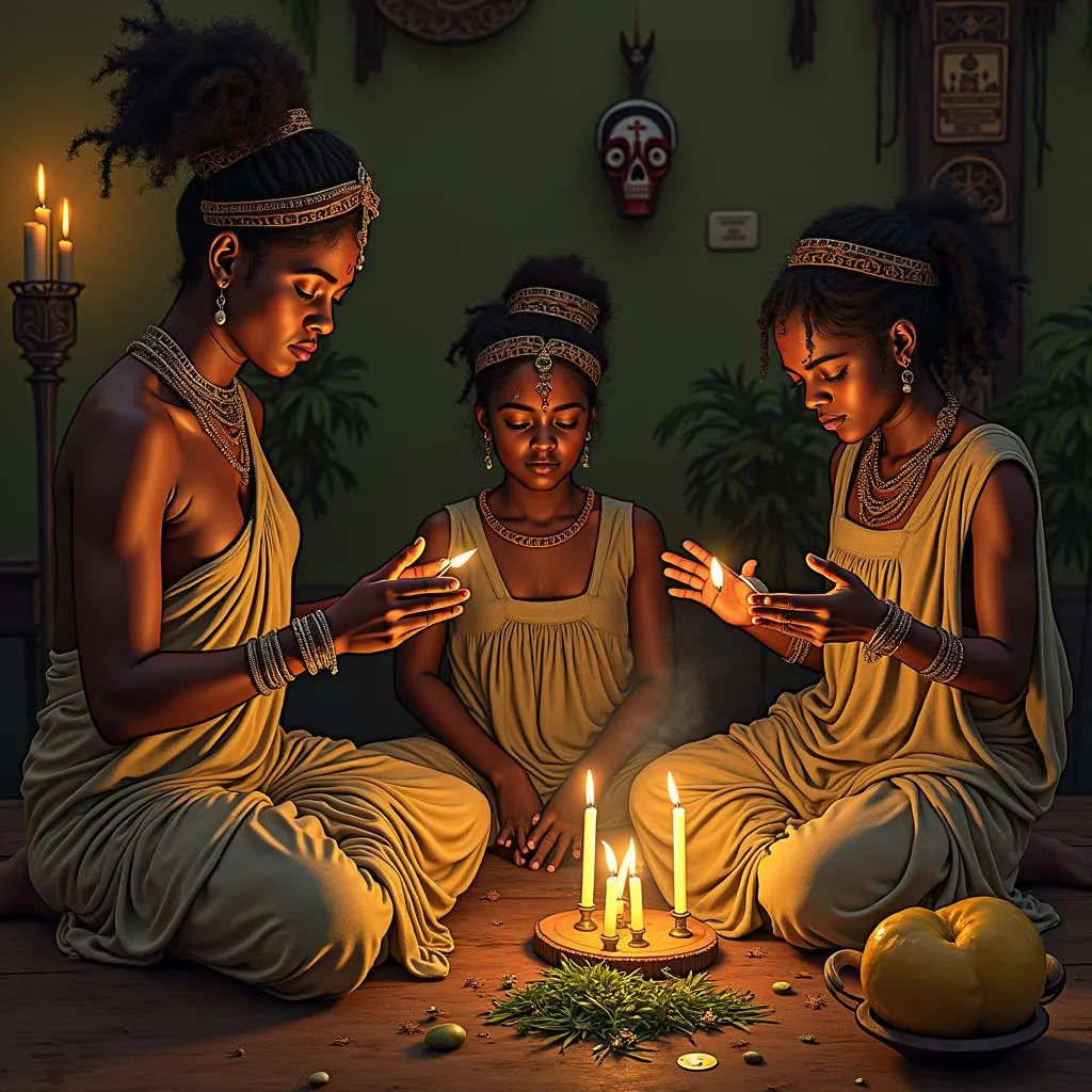 A group of people gathered around a voodoo altar, adorned with candles, skulls, and other ritual objects.