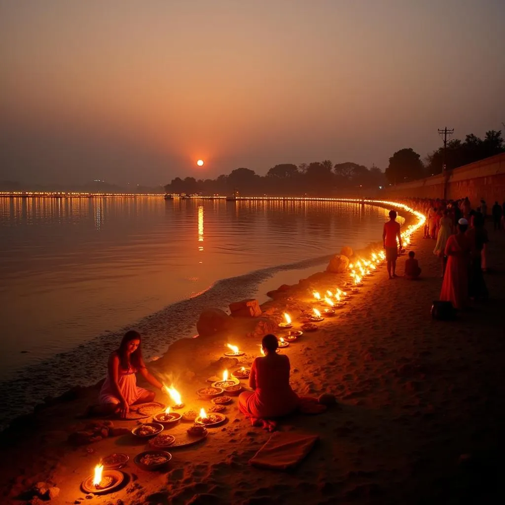 Worshippers performing evening aarti on the ghats of Vrindavan