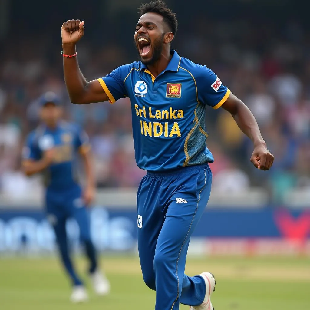 Wanindu Hasaranga celebrating a wicket against India