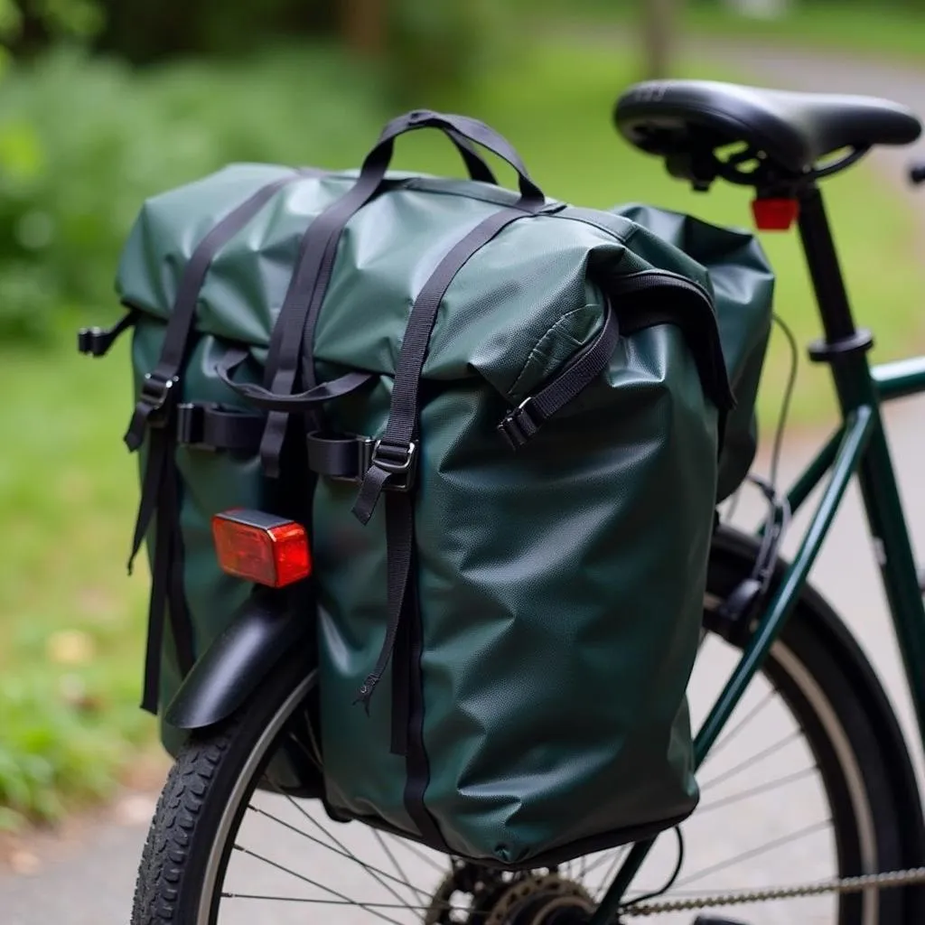 Waterproof panniers attached to a touring bike