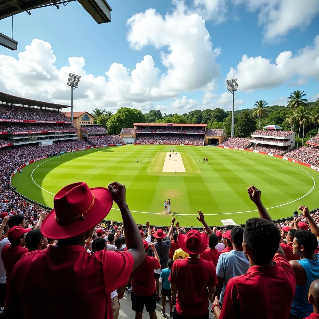 A bustling cricket stadium in the West Indies with a lively crowd.