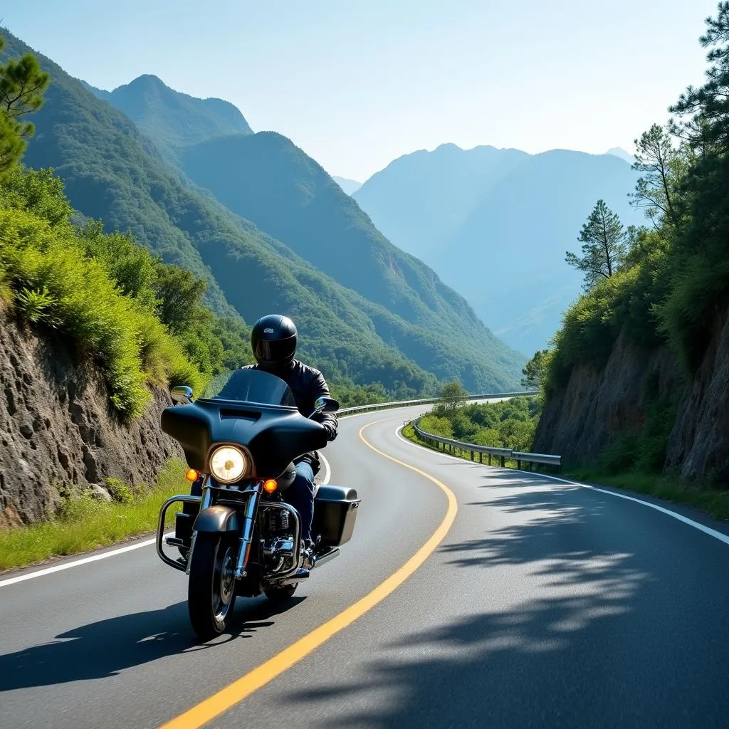 Motorcycle navigating a winding mountain road in Japan