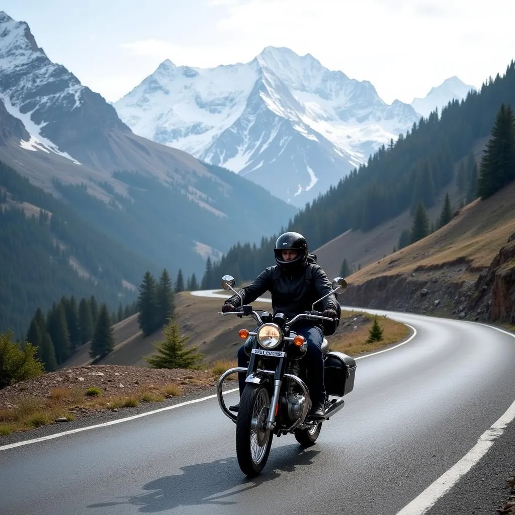 Motorcycle winding through mountain roads in the Himalayas