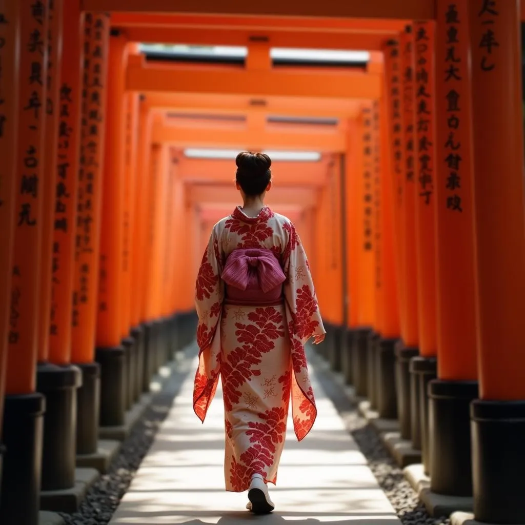 Woman in Traditional Kimono Walking Through Fushimi Inari Shrine