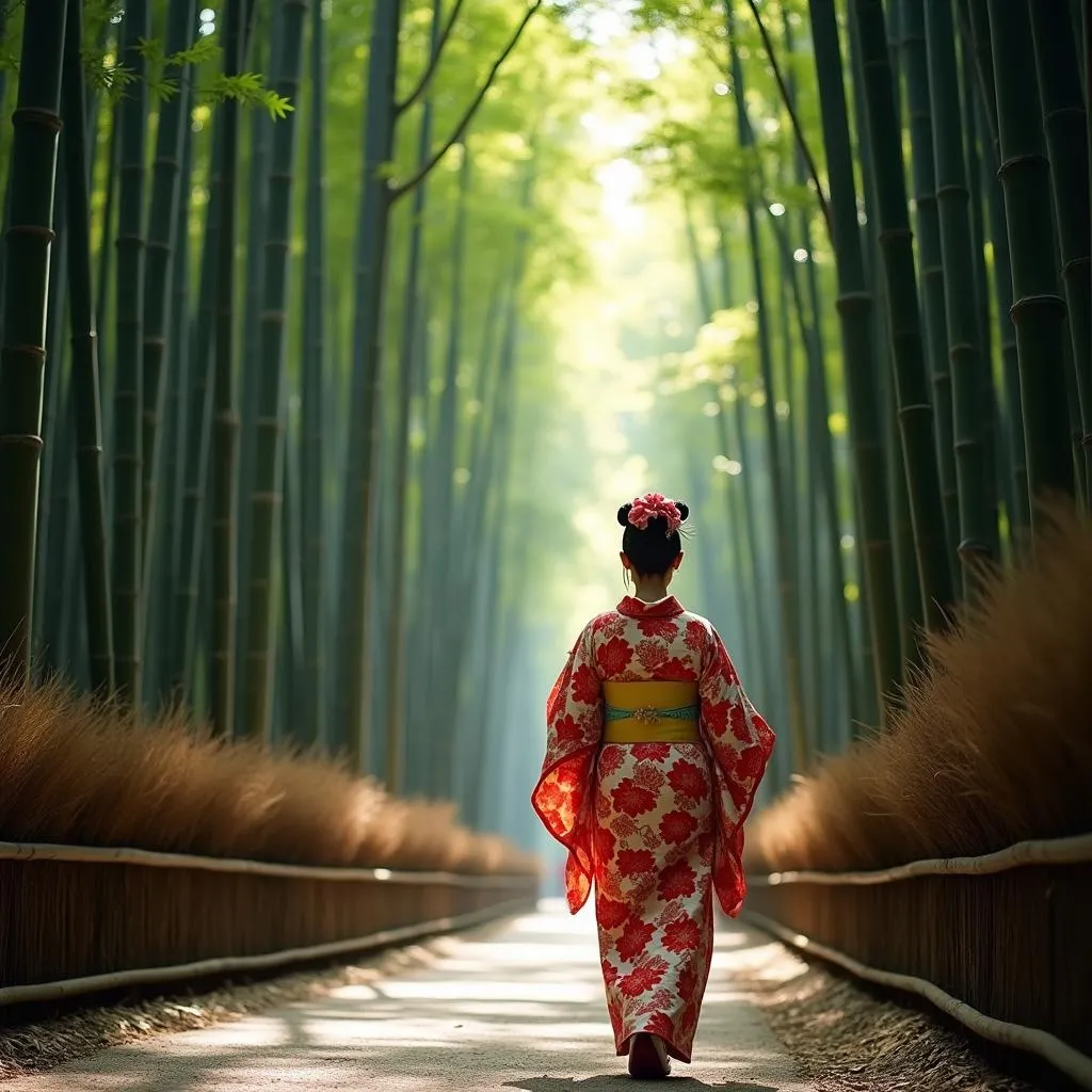 Woman in Traditional Kimono Walking Through a Bamboo Forest