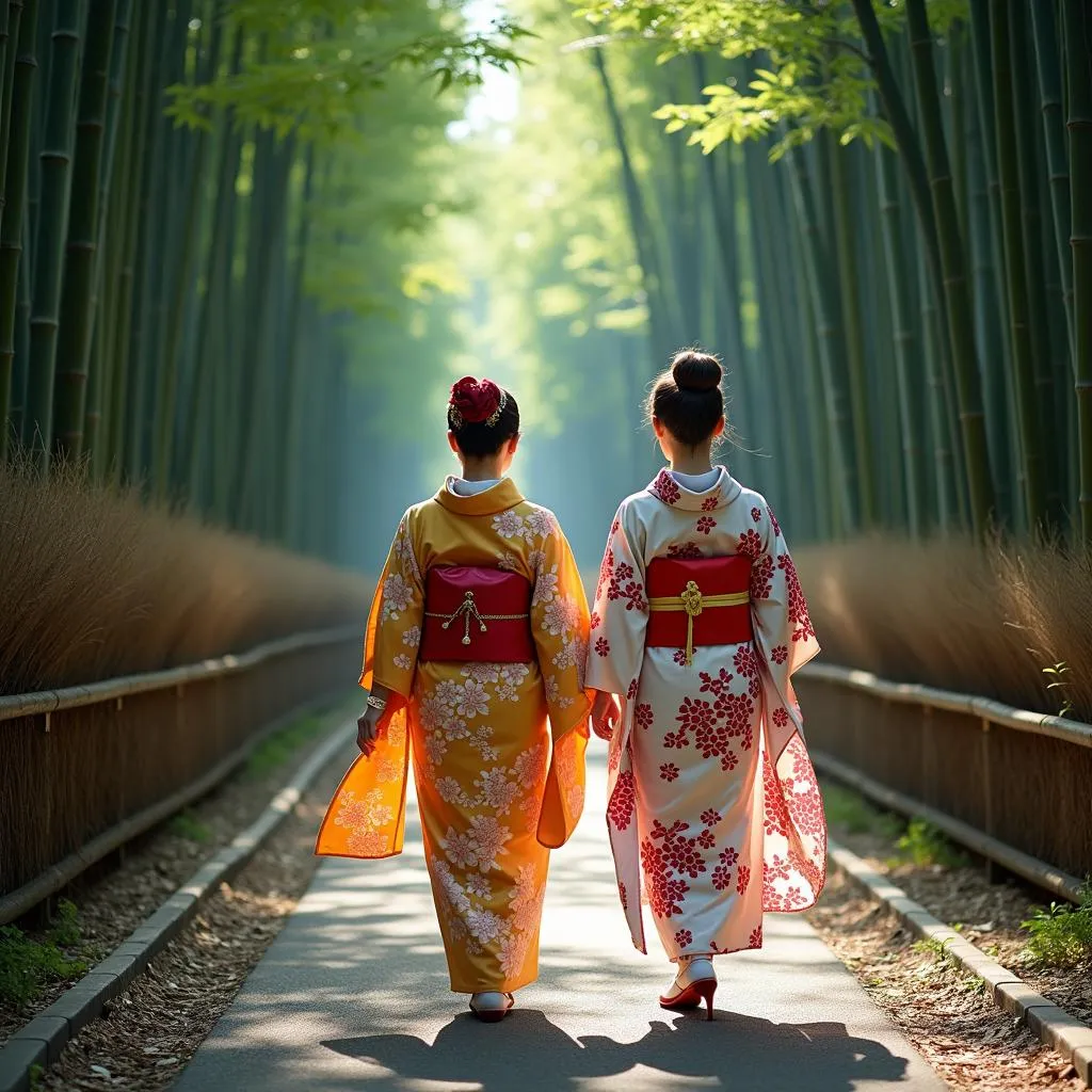 Two women in vibrant kimonos stroll through a serene bamboo forest in Kyoto, Japan, experiencing the traditional beauty of the country.