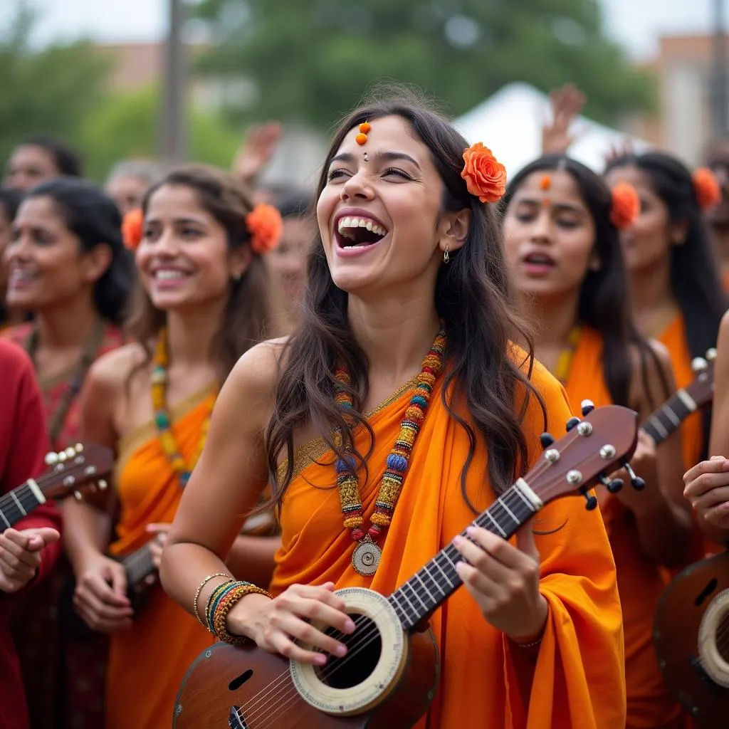 Group of people chanting and playing musical instruments during a world sankirtan tour