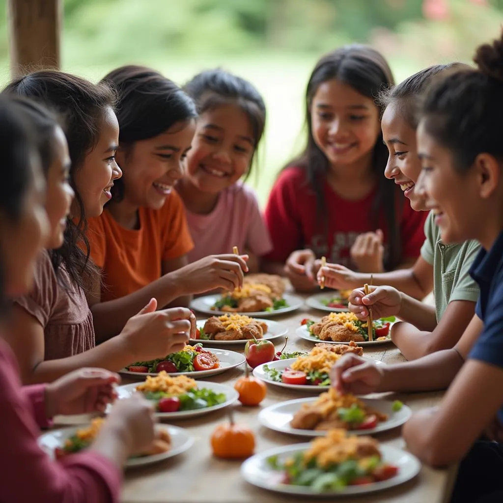 Diverse group of people from different backgrounds interacting and sharing a meal together during a world sankirtan tour