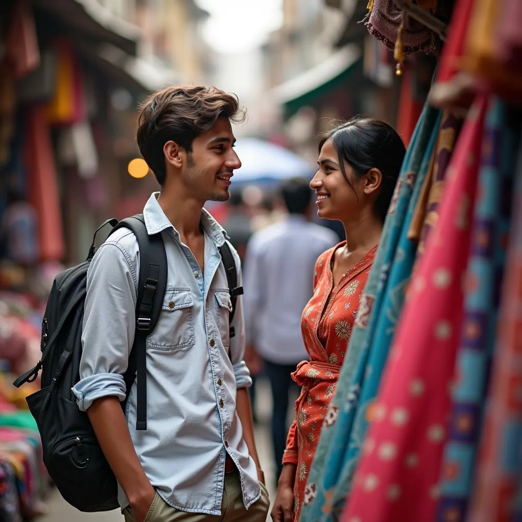 Young Traveler Interacting with a Local Vendor in a Mumbai Market