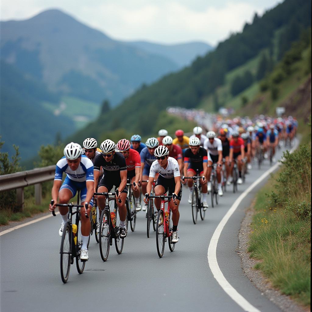 The peloton navigating a mountain road during the 1996 Tour de France.