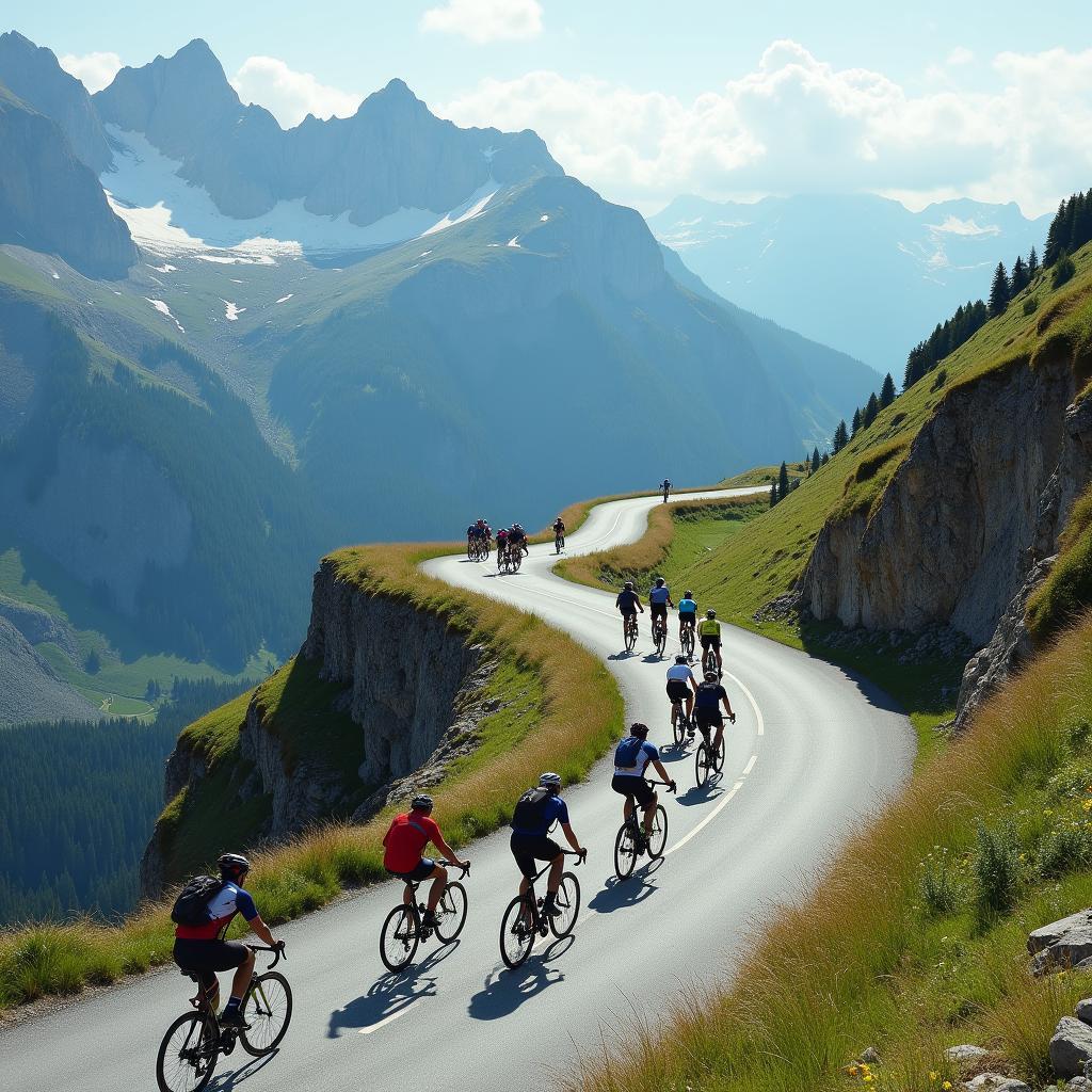 Cyclists tackling a challenging climb in the Alps during the 1997 Tour de France.