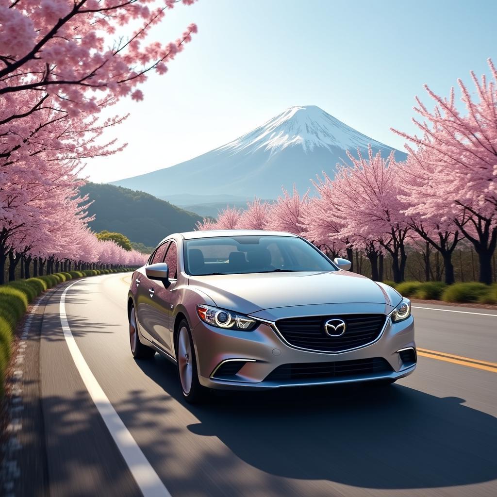 Stylish 2014 Mazda 6 Touring cruising along a scenic Japanese road showcasing the car's elegant design against a backdrop of cherry blossoms and Mount Fuji.