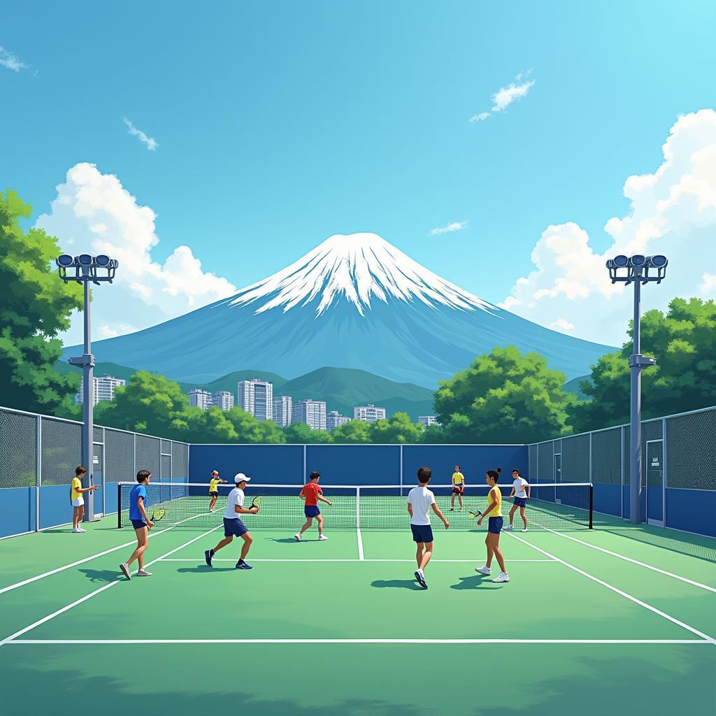 Tennis Court in Tokyo with Mount Fuji backdrop