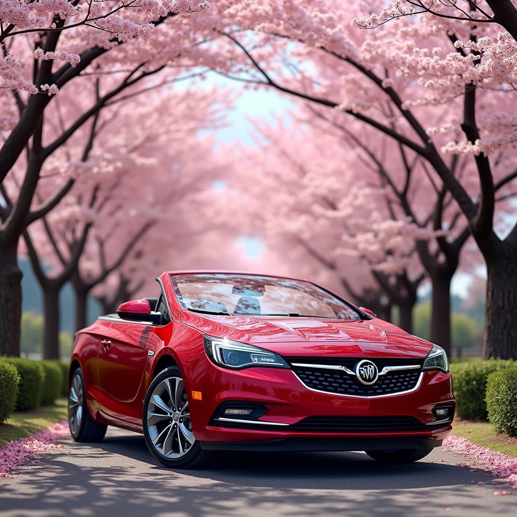 2017 Buick Cascada Sport Touring parked beneath cherry blossoms in full bloom.