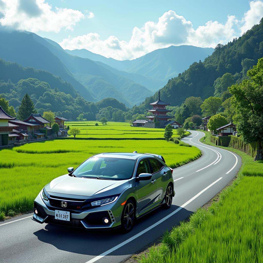 2017 Honda Civic Hatchback Sport Touring driving through the serene Japanese countryside, passing traditional houses and lush green rice paddies.