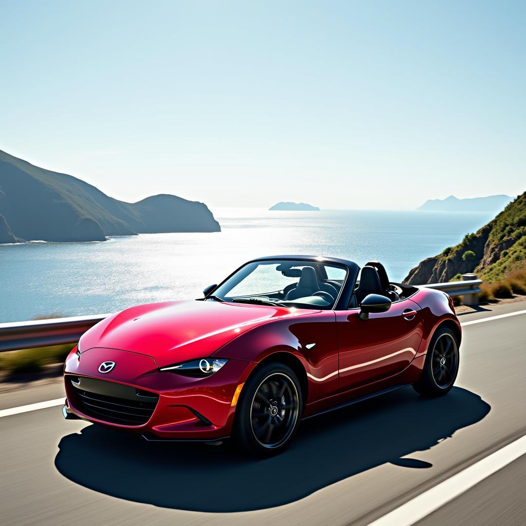 2018 Mazda MX-5 Miata Grand Touring in Soul Red Crystal Metallic driving along a picturesque Japanese coastal highway.