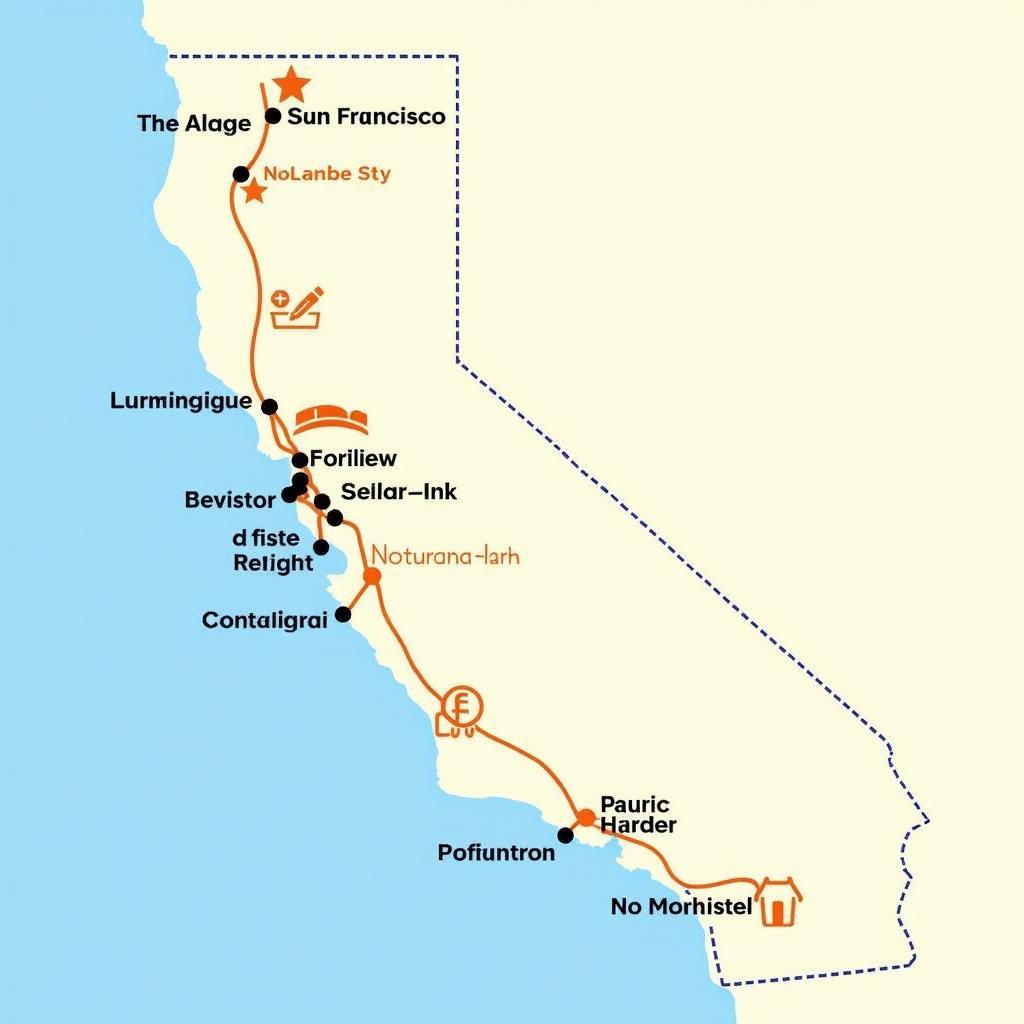 California road trip map with highlighted destinations.