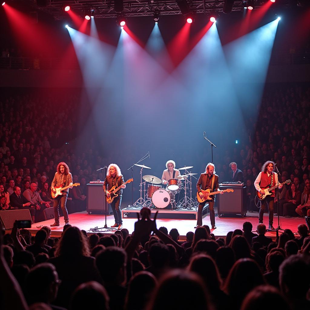 70s band performing live in a packed arena in Japan during their 2019 tour, captivating the audience with their energetic performance.