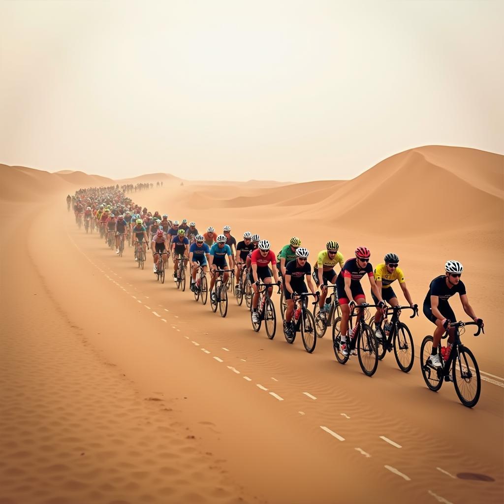 The peloton of cyclists racing through the Abu Dhabi desert during the 2018 tour.