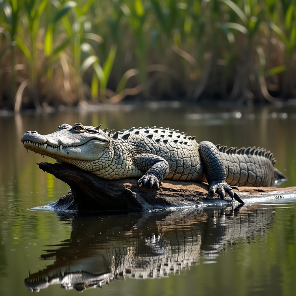 Close-up of an alligator basking in the sun on a log in an Acadian swamp