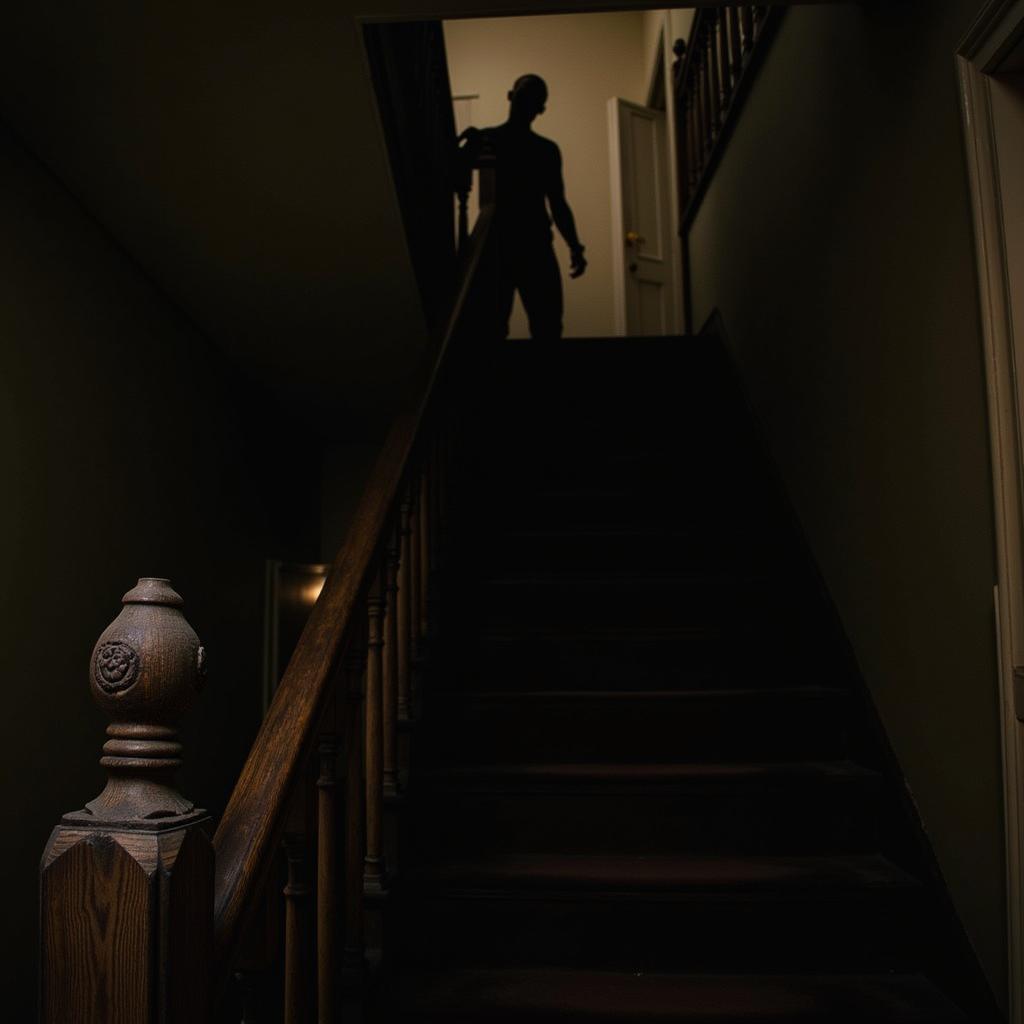 Dimly lit staircase inside Adams House, with a shadowy figure in the background