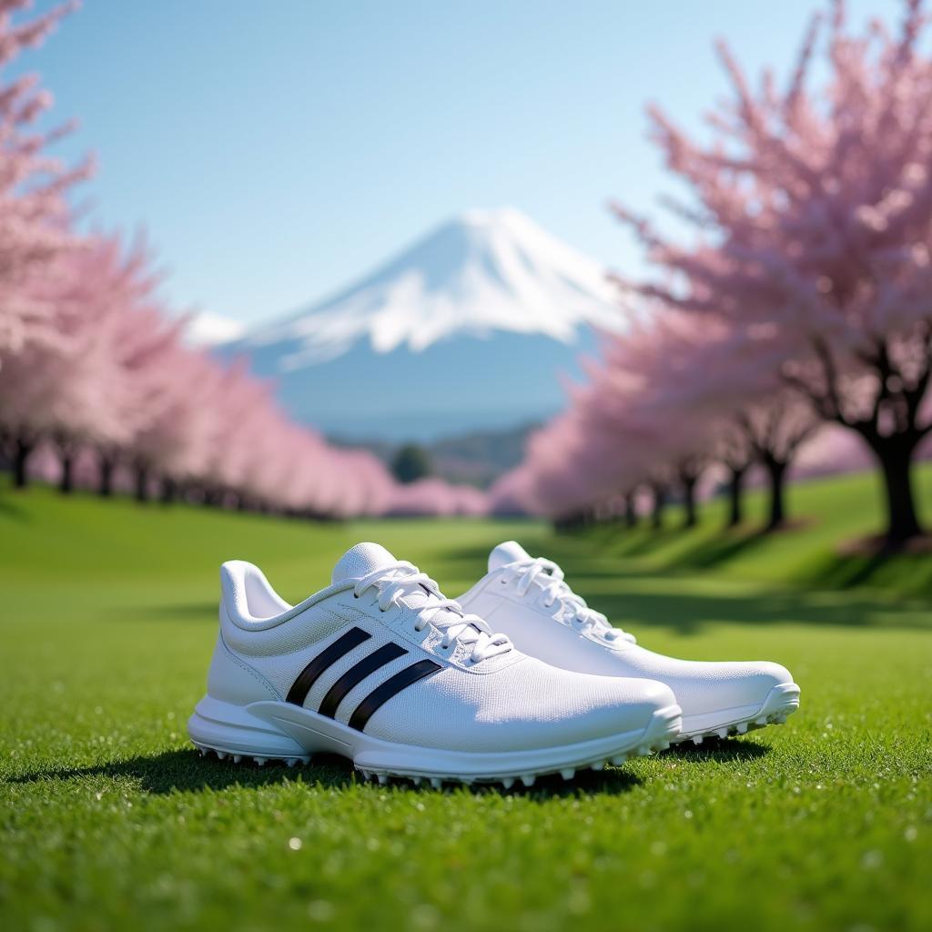 Adidas Tour 360 XT Spikeless golf shoes on a pristine Japanese golf course