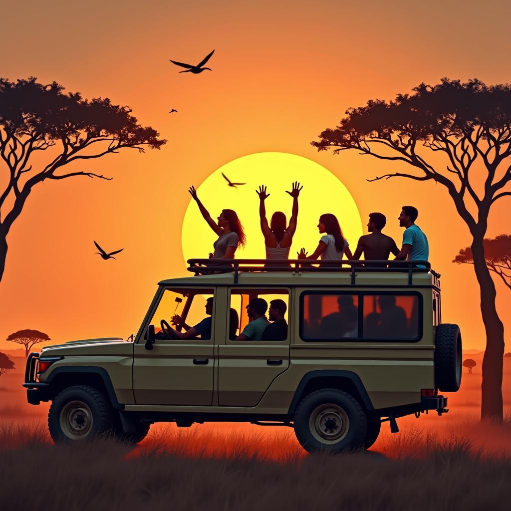 Group of tourists on an African safari, departing from Mumbai, enjoying the wildlife and scenery.