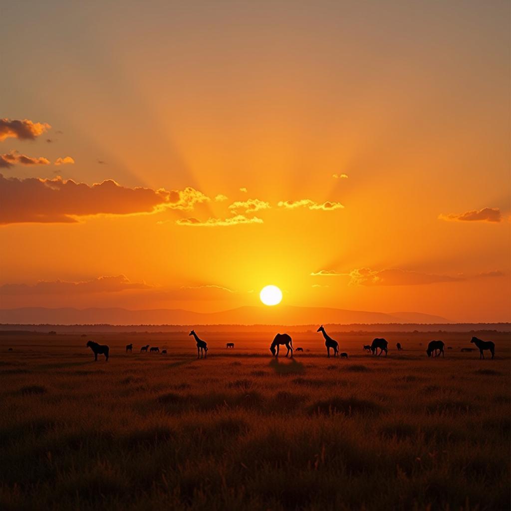 African Safari Sunset Landscape with Wildlife Silhouettes